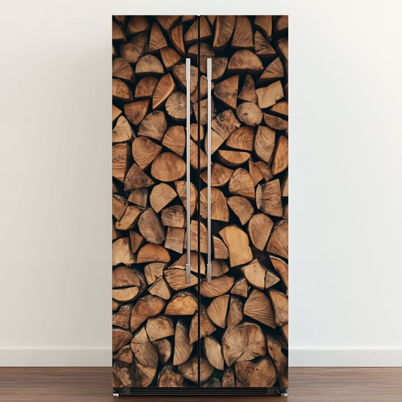 Self Adhesive Vinyl Refrigerator Wrap Set Stacked Firewood Natural Wood Rustic Warm Brown Door Mural Removable Fridge Sticker Peel and Stick Full Door Cover Decal Kitchen Bar Decor