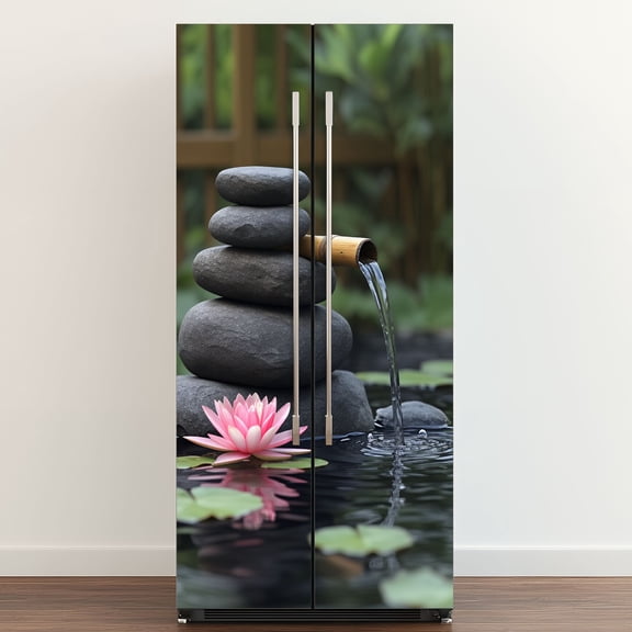 Self Adhesive Vinyl Refrigerator Wrap Set Stacked Stones Bamboo Water Fountain Lotus Flower Spiritual Door Mural Removable Fridge Sticker Peel and Stick Full Door Cover Decal Kitchen Bar Decor