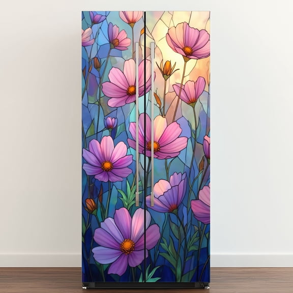 Self Adhesive Vinyl Refrigerator Wrap Set Stained Glass Flower Floral Wildflower Flowers Cosmos Door Mural Removable Fridge Sticker Peel and Stick Full Door Cover Decal Kitchen Bar Decor