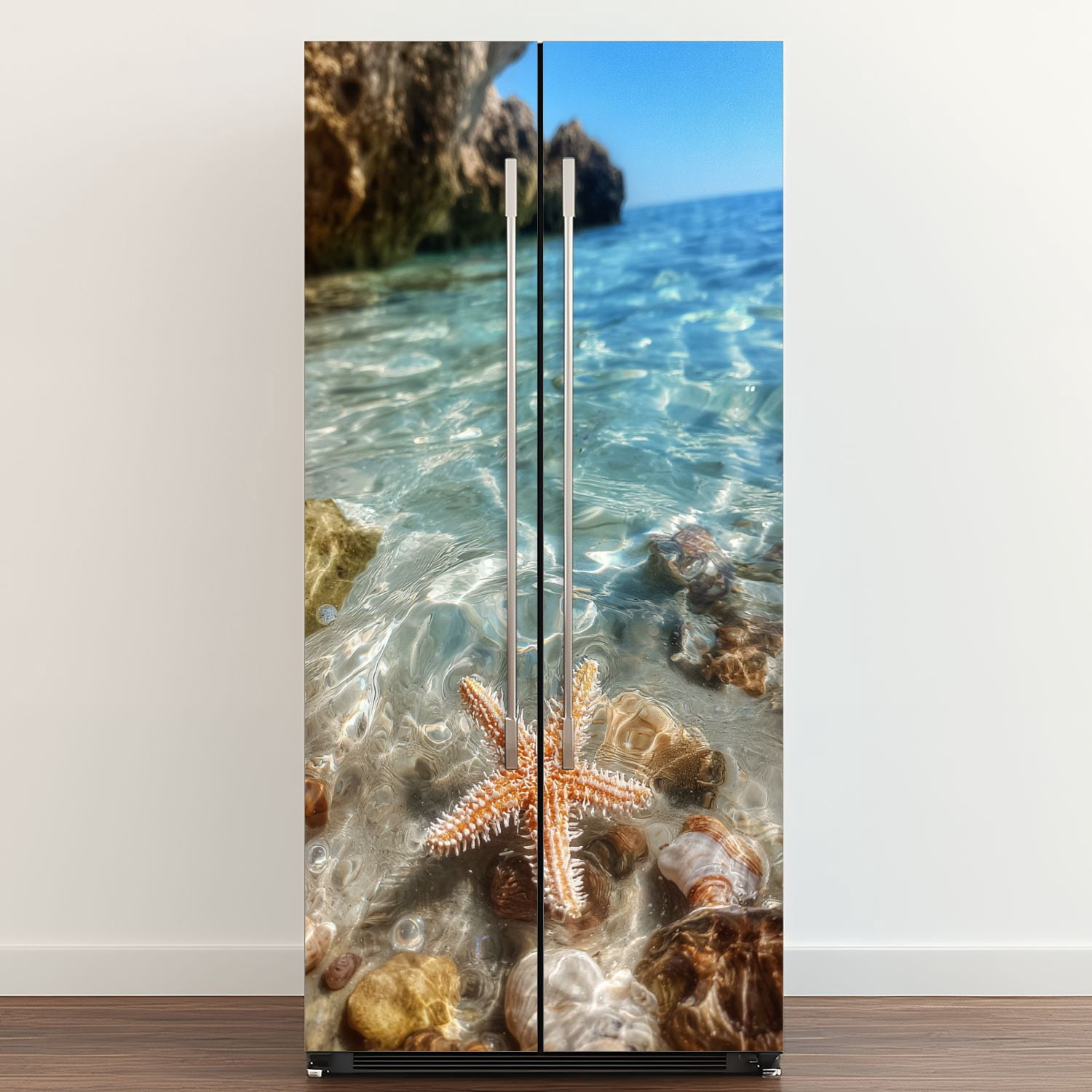 Self Adhesive Vinyl Refrigerator Wrap Set Starfish coral summer beach sea water Summer Door Mural Removable Fridge Sticker Peel and Stick&nbsp;Full Door Cover Decal Kitchen Bar Decor