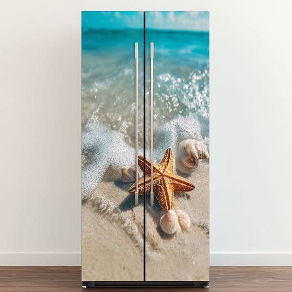 Self Adhesive Vinyl Refrigerator Wrap Set Starfish seashell summer beach sea water Summer Door Mural Removable Fridge Sticker Peel and Stick&nbsp;Full Door Cover Decal Kitchen Bar Decor