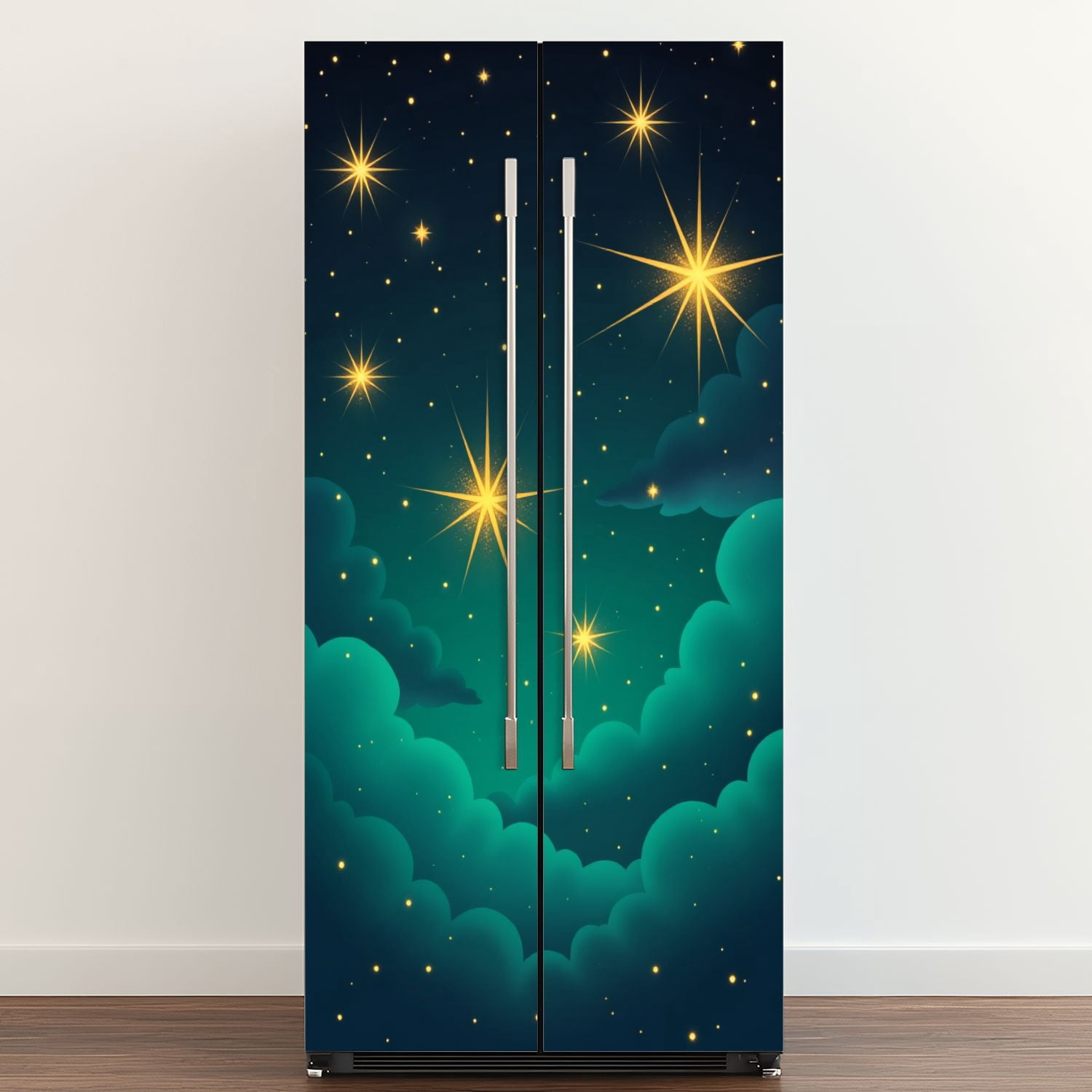 Self Adhesive Vinyl Refrigerator Wrap Set Starry Night Sky Soft Clouds Glowing Stars Door Mural Removable Fridge Sticker Peel and Stick&nbsp;Full Door Cover Decal Kitchen Bar Decor