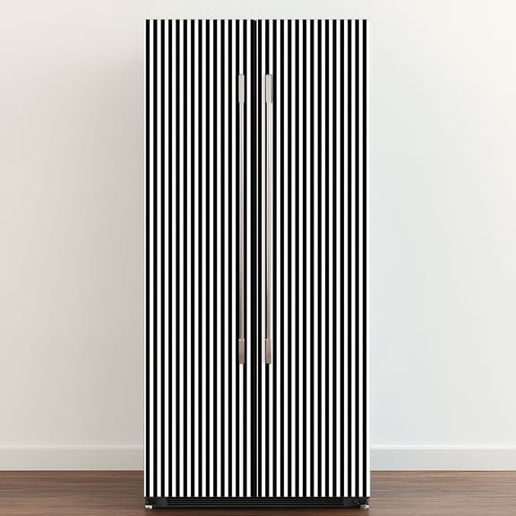 Self Adhesive Vinyl Refrigerator Wrap Set Striped black white Door Mural Removable Fridge Sticker Peel and Stick Full Door Cover Decal Kitchen Bar Decor