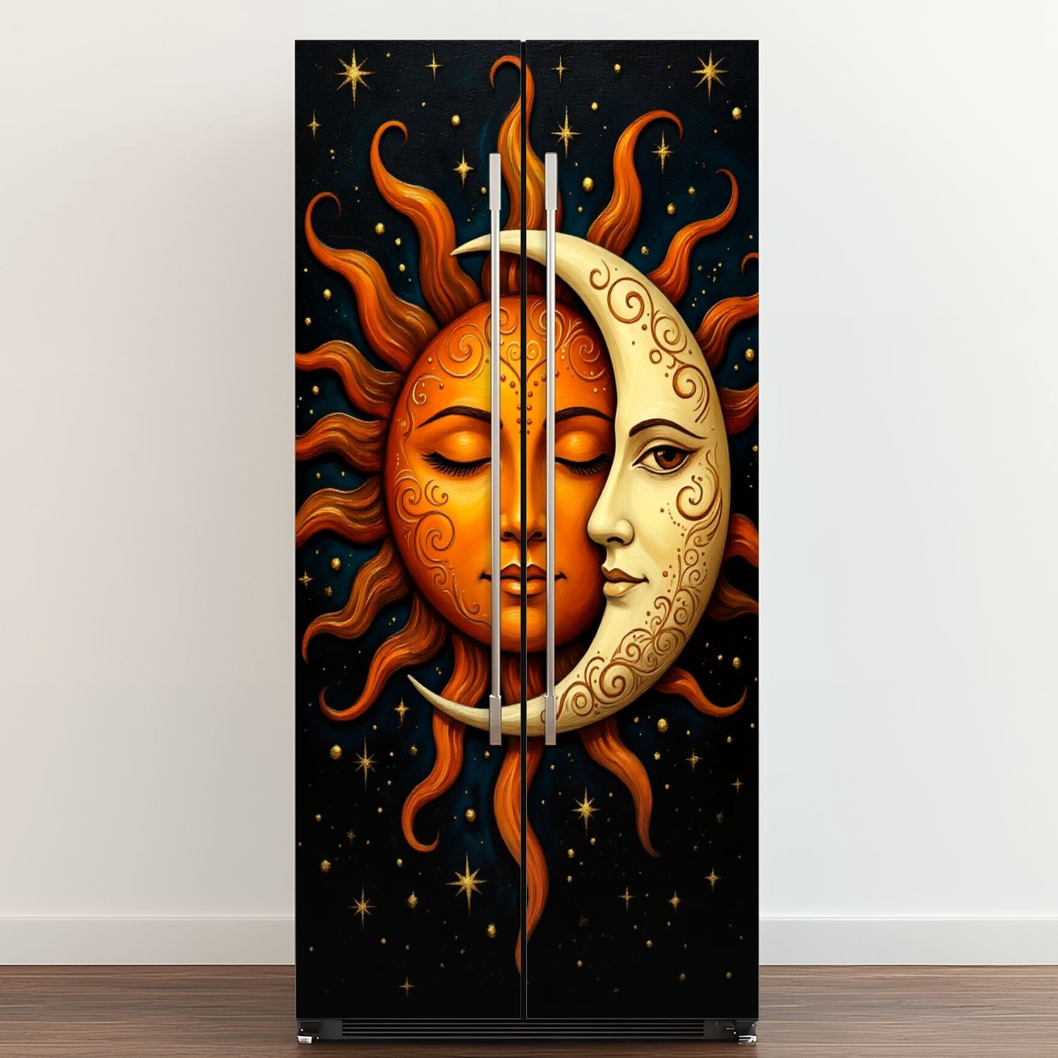 Self Adhesive Vinyl Refrigerator Wrap Set Sun Moon Fantasy Vibrant Orange Sun Detailed Crescent Moon Door Mural Removable Fridge Sticker Peel and Stick&nbsp;Full Door Cover Decal Kitchen Bar Decor