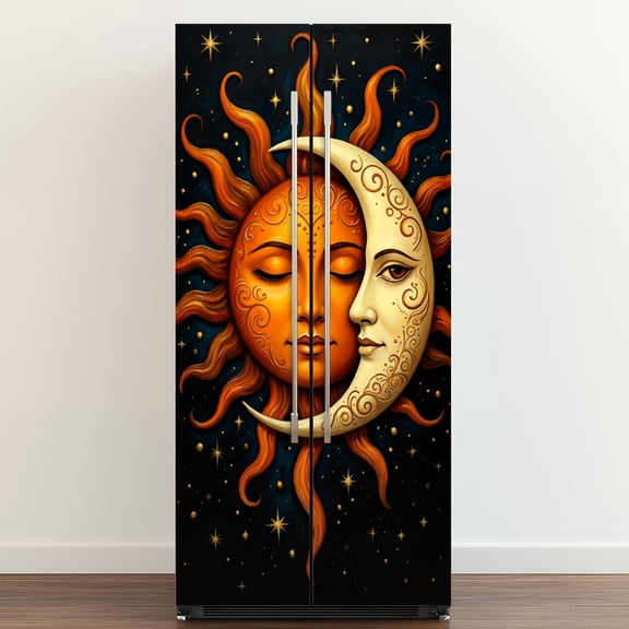 Self Adhesive Vinyl Refrigerator Wrap Set Sun Moon Fantasy Vibrant Orange Sun Detailed Crescent Moon Door Mural Removable Fridge Sticker Peel and Stick Full Door Cover Decal Kitchen Bar Decor