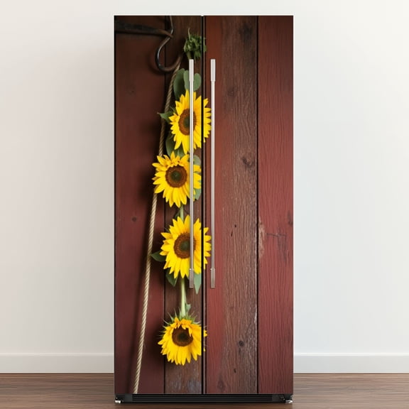 Self Adhesive Vinyl Refrigerator Wrap Set Sunflowers an Old Barn Door Door Mural Removable Fridge Sticker Peel and Stick Full Door Cover Decal Kitchen Bar Decor