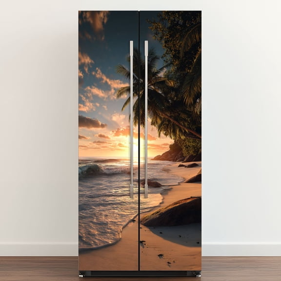 Self Adhesive Vinyl Refrigerator Wrap Set Sunrise tropical island Palm trees sandy beach Door Mural Removable Fridge Sticker Peel and Stick&nbsp;Full Door Cover Decal Kitchen Bar Decor