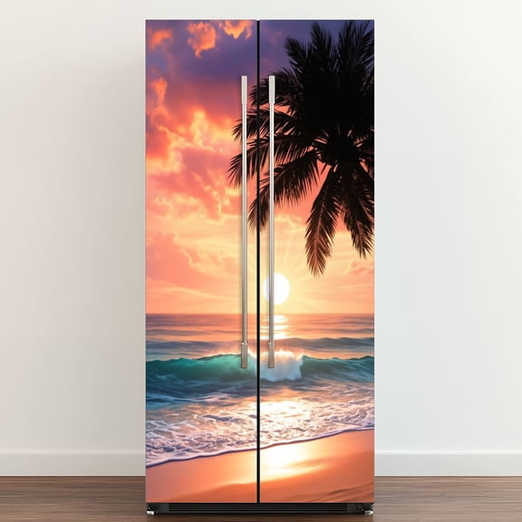 Self Adhesive Vinyl Refrigerator Wrap Set Sunset Beach Palm Tree Silhouette Ocean Waves Coastal Door Mural Removable Fridge Sticker Peel and Stick Full Door Cover Decal Kitchen Bar Decor