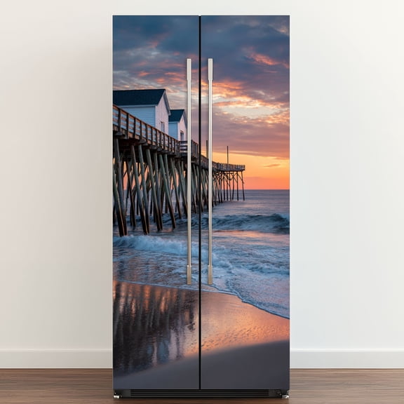 Self Adhesive Vinyl Refrigerator Wrap Set Sunset Crystal Pier Pacific Beach Door Mural Removable Fridge Sticker Peel and Stick&nbsp;Full Door Cover Decal Kitchen Bar Decor