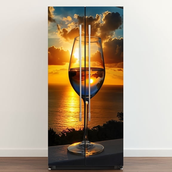 Self Adhesive Vinyl Refrigerator Wrap Set Sunset Sea Wooden Modern Home Bar Decor Wine Glass Ocean Sky Door Mural Removable Fridge Sticker Peel and Stick&nbsp;Full Door Cover Decal Kitchen Bar Decor