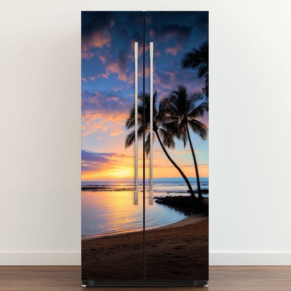 Self Adhesive Vinyl Refrigerator Wrap Set Sunset Sihouette Palm Tree Poipu Beach Hawaii Door Mural Removable Fridge Sticker Peel and Stick Full Door Cover Decal Kitchen Bar Decor