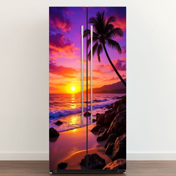 Self Adhesive Vinyl Refrigerator Wrap Set Sunset Tropical Beach Palm Tree Rocks Coastal Door Mural Removable Fridge Sticker Peel and Stick&nbsp;Full Door Cover Decal Kitchen Bar Decor