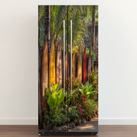 Self Adhesive Vinyl Refrigerator Wrap Set Surfboard fence Maui front Door Mural Removable Fridge Sticker Peel and Stick Full Door Cover Decal Kitchen Bar Decor