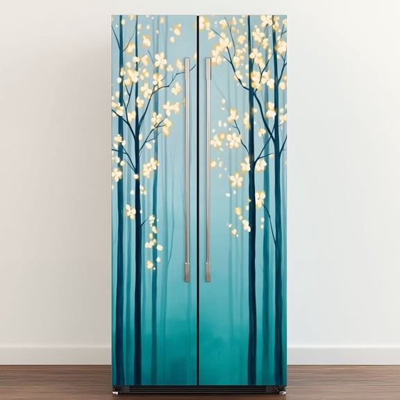 Self Adhesive Vinyl Refrigerator Wrap Set Teal Landscape Blue Forest Panoramic Abstract Nature Door Mural Removable Fridge Sticker Peel and Stick&nbsp;Full Door Cover Decal Kitchen Bar Decor