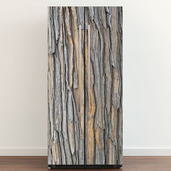 Self Adhesive Vinyl Refrigerator Wrap Set Textured Tree Bark Close Up Natural Gray Brown Tones Door Mural Removable Fridge Sticker Peel and Stick&nbsp;Full Door Cover Decal Kitchen Bar Decor
