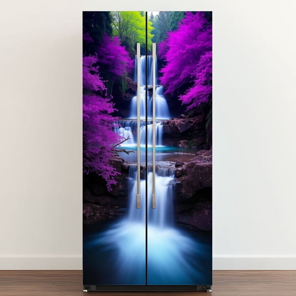 Self Adhesive Vinyl Refrigerator Wrap Set Thai Forest Waterfall Purple Trees Landscape Nature Door Mural Removable Fridge Sticker Peel and Stick&nbsp;Full Door Cover Decal Kitchen Bar Decor