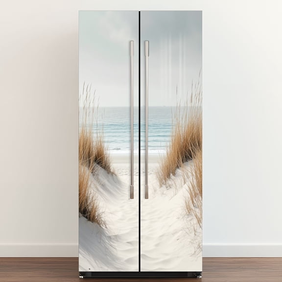 Self Adhesive Vinyl Refrigerator Wrap Set Tranquil Ocean View Dunes Slender Grasses Door Mural Removable Fridge Sticker Peel and Stick Full Door Cover Decal Kitchen Bar Decor
