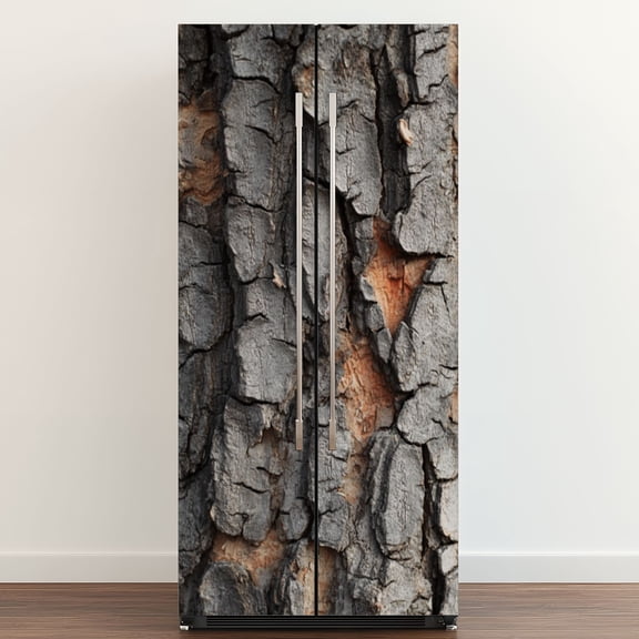 Self Adhesive Vinyl Refrigerator Wrap Set Tree Bark Close Up Rough Gray Brown Natural Wood Door Mural Removable Fridge Sticker Peel and Stick&nbsp;Full Door Cover Decal Kitchen Bar Decor