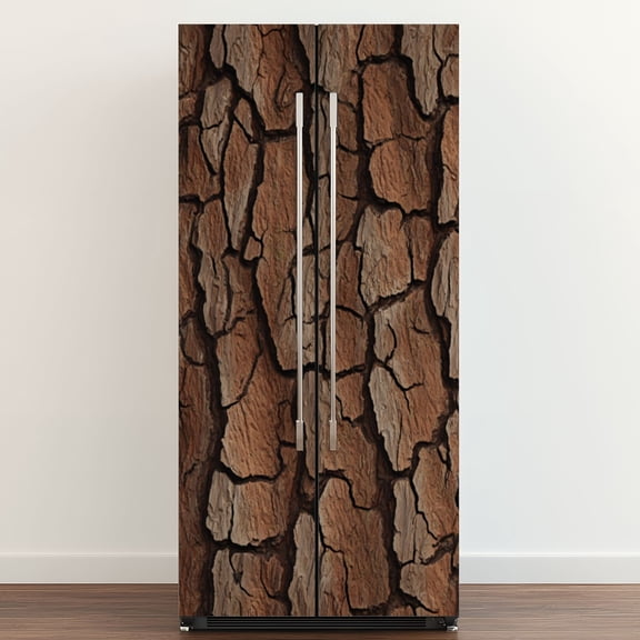 Self Adhesive Vinyl Refrigerator Wrap Set Tree Bark Earthy Brown Tones Organic Cracks Door Mural Removable Fridge Sticker Peel and Stick&nbsp;Full Door Cover Decal Kitchen Bar Decor