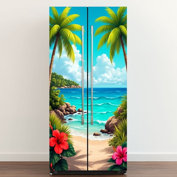 Self Adhesive Vinyl Refrigerator Wrap Set Tropical Beach Palm Trees Bright Blue Ocean Hibiscus Flowers Door Mural Removable Fridge Sticker Peel and Stick Full Door Cover Decal Kitchen Bar Decor