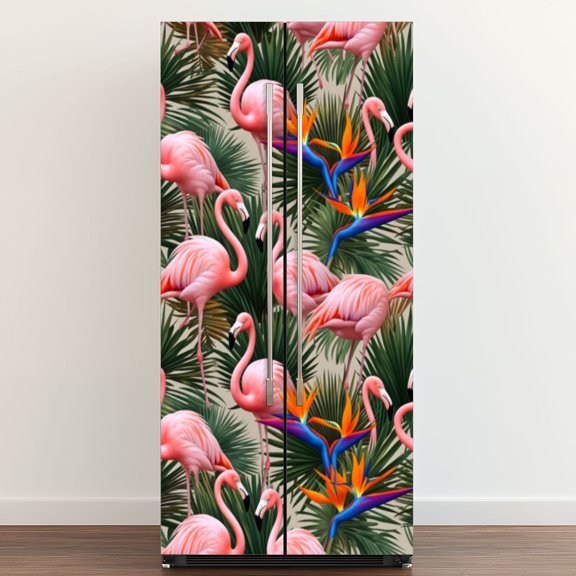 Self Adhesive Vinyl Refrigerator Wrap Set Tropical Bird Paradise Foliage Door Mural Removable Fridge Sticker Peel and Stick Full Door Cover Decal Kitchen Bar Decor