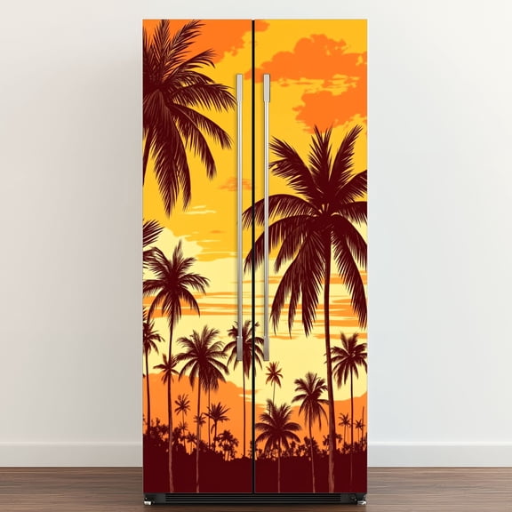 Self Adhesive Vinyl Refrigerator Wrap Set Tropical Palm Tree Sunset Orange Sky Coastal Door Mural Removable Fridge Sticker Peel and Stick Full Door Cover Decal Kitchen Bar Decor