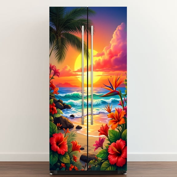 Self Adhesive Vinyl Refrigerator Wrap Set Tropical Sunset Beach Vibrant Flowers Palm Trees Door Mural Removable Fridge Sticker Peel and Stick&nbsp;Full Door Cover Decal Kitchen Bar Decor