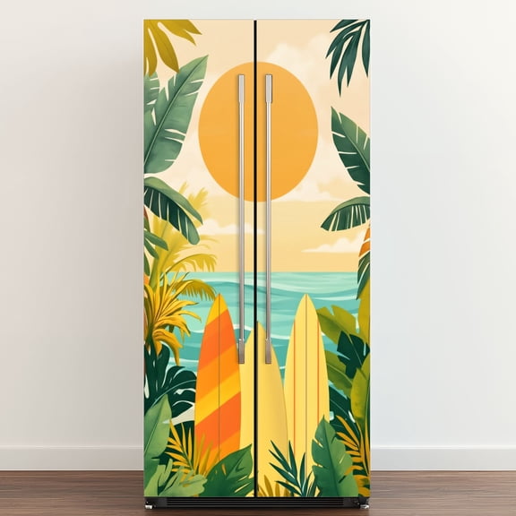Self Adhesive Vinyl Refrigerator Wrap Set Tropical Surfing Vibrant Surfboards Sunny Beach Coastal Door Mural Removable Fridge Sticker Peel and Stick Full Door Cover Decal Kitchen Bar Decor