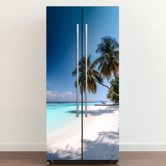 Self Adhesive Vinyl Refrigerator Wrap Set Tropical paradise beach Door Mural Removable Fridge Sticker Peel and Stick Full Door Cover Decal Kitchen Bar Decor
