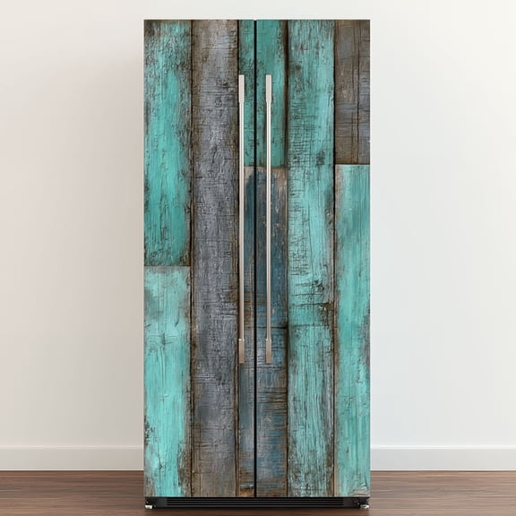 Self Adhesive Vinyl Refrigerator Wrap Set Turquoise Wooden Planks Rustic Distressed Door Mural Removable Fridge Sticker Peel and Stick&nbsp;Full Door Cover Decal Kitchen Bar Decor