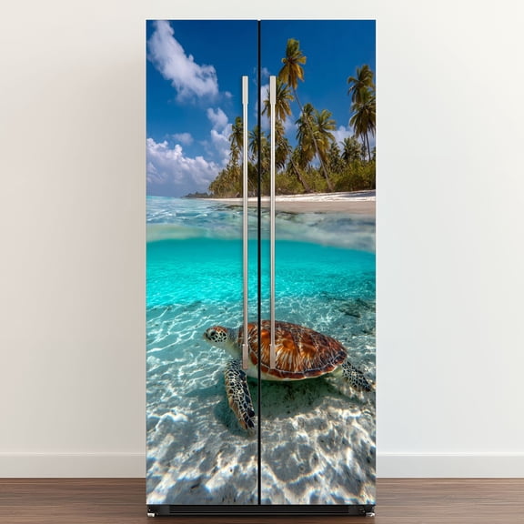 Self Adhesive Vinyl Refrigerator Wrap Set Turtle Beach Animal Wildlife Door Mural Removable Fridge Sticker Peel and Stick&nbsp;Full Door Cover Decal Kitchen Bar Decor