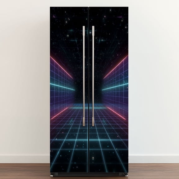 Self Adhesive Vinyl Refrigerator Wrap Set Vaporwave retro Abstract grid tunnel Door Mural Removable Fridge Sticker Peel and Stick&nbsp;Full Door Cover Decal Kitchen Bar Decor