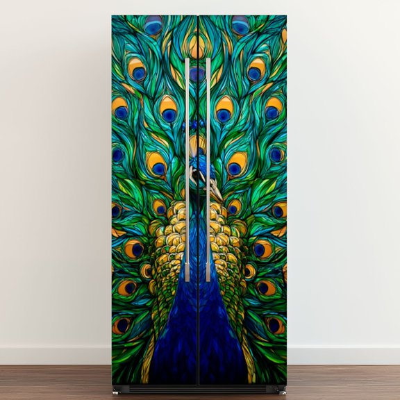 Self Adhesive Vinyl Refrigerator Wrap Set Vibrant Peacock Ornate Blue Green Feather Display Detailed Door Mural Removable Fridge Sticker Peel and Stick Full Door Cover Decal Kitchen Bar Decor