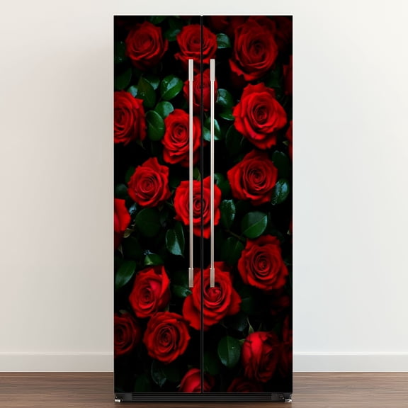 Self Adhesive Vinyl Refrigerator Wrap Set Vibrant Red Roses Green Leaves Close Up Floral Door Mural Removable Fridge Sticker Peel and Stick Full Door Cover Decal Kitchen Bar Decor