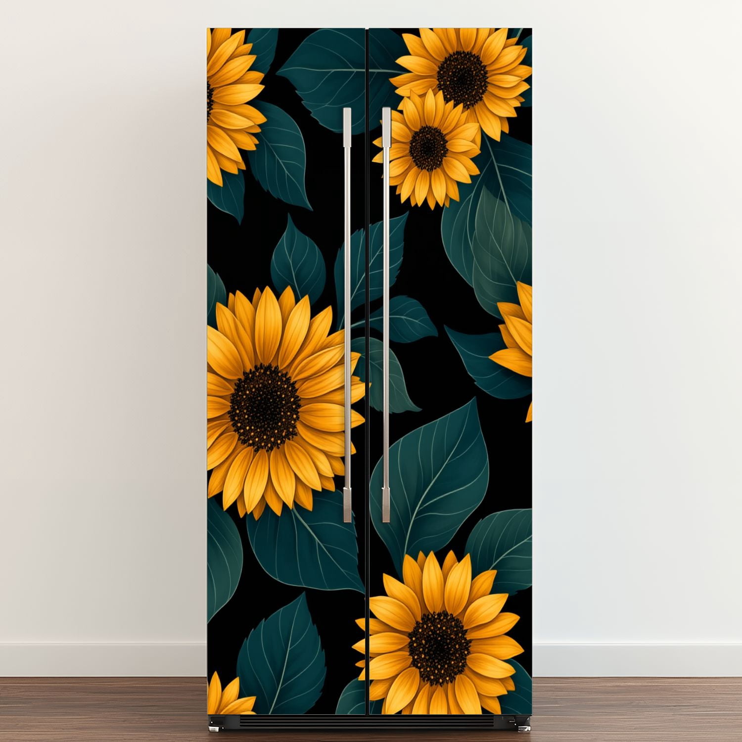 Self Adhesive Vinyl Refrigerator Wrap Set Vibrant Sunflowers Bold Yellow Petals Dark Green Leaves Door Mural Removable Fridge Sticker Peel and Stick&nbsp;Full Door Cover Decal Kitchen Bar Decor