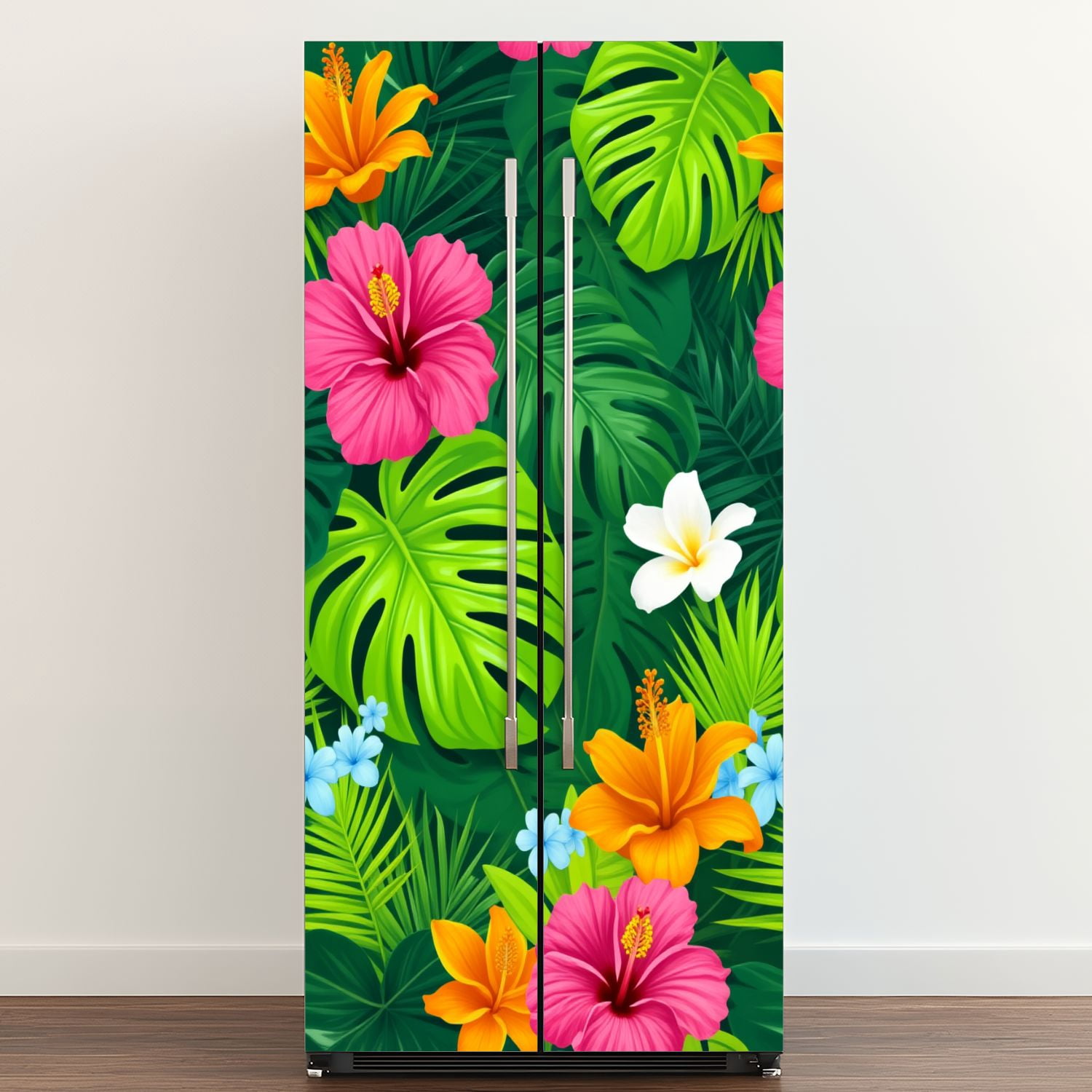 Self Adhesive Vinyl Refrigerator Wrap Set Vibrant Tropical Floral Hibiscus Plumeria Green Leaves Door Mural Removable Fridge Sticker Peel and Stick&nbsp;Full Door Cover Decal Kitchen Bar Decor