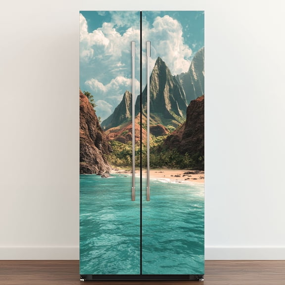 Self Adhesive Vinyl Refrigerator Wrap Set View Napali Coast island Hawaii Door Mural Removable Fridge Sticker Peel and Stick&nbsp;Full Door Cover Decal Kitchen Bar Decor
