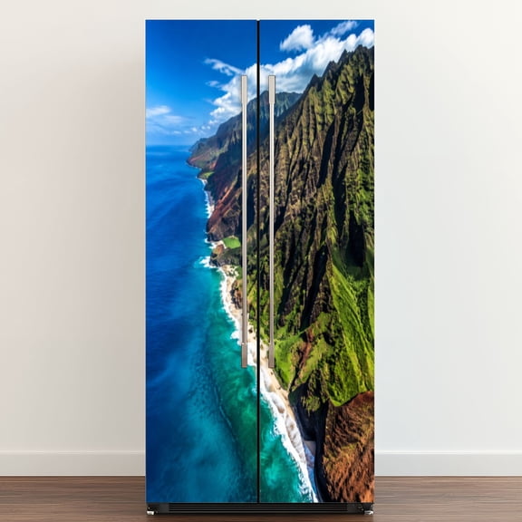 Self Adhesive Vinyl Refrigerator Wrap Set View Napali Coast island Hawaii Door Mural Removable Fridge Sticker Peel and Stick&nbsp;Full Door Cover Decal Kitchen Bar Decor