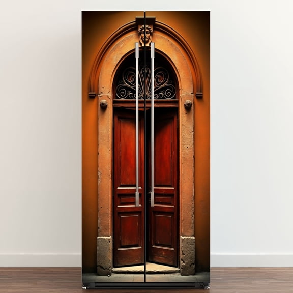 Self Adhesive Vinyl Refrigerator Wrap Set Vintage Arched Wooden Door Ornate Iron Grille Door Mural Removable Fridge Sticker Peel and Stick Full Door Cover Decal Kitchen Bar Decor