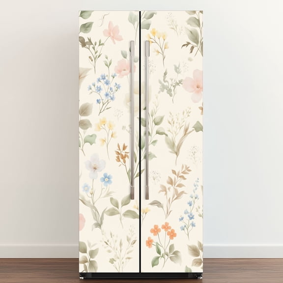 Self Adhesive Vinyl Refrigerator Wrap Set Vintage Beige Floral Wildflowers Botanical Wildflowers Small Door Mural Removable Fridge Sticker Peel and Stick&nbsp;Full Door Cover Decal Kitchen Bar Decor