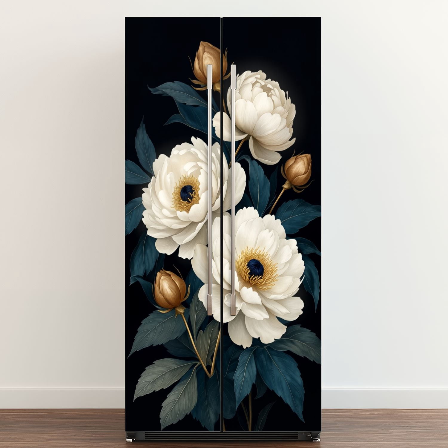 Self Adhesive Vinyl Refrigerator Wrap Set Vintage Botanical Artwork Elegant Peonies Door Mural Removable Fridge Sticker Peel and Stick&nbsp;Full Door Cover Decal Kitchen Bar Decor