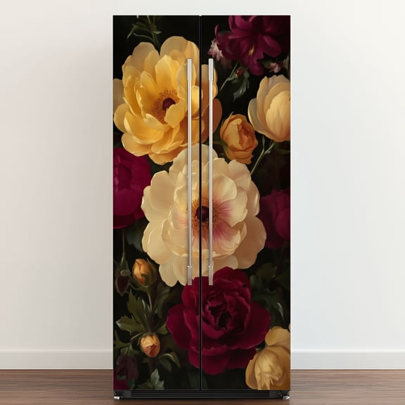 Self Adhesive Vinyl Refrigerator Wrap Set Vintage Dark Flower Girls Room Peonies Flowers Leaves Petals Door Mural Removable Fridge Sticker Peel and Stick Full Door Cover Decal Kitchen Bar Decor