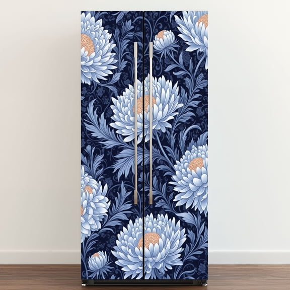 Self Adhesive Vinyl Refrigerator Wrap Set Vintage Floral Blue Chrysanthemums Dark Door Mural Removable Fridge Sticker Peel and Stick Full Door Cover Decal Kitchen Bar Decor