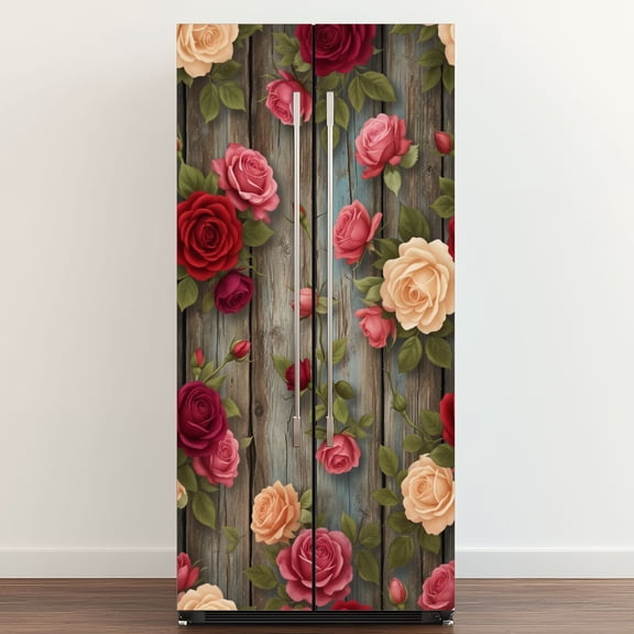 Self Adhesive Vinyl Refrigerator Wrap Set Vintage Floral Roses Wood Panel Rustic Door Mural Removable Fridge Sticker Peel and Stick Full Door Cover Decal Kitchen Bar Decor