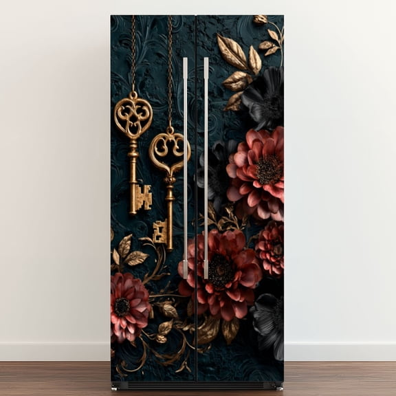 Self Adhesive Vinyl Refrigerator Wrap Set Vintage Gold Keys Dark Floral Design Elegant Door Mural Removable Fridge Sticker Peel and Stick&nbsp;Full Door Cover Decal Kitchen Bar Decor