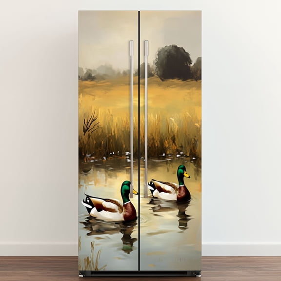 Self Adhesive Vinyl Refrigerator Wrap Set Vintage Mallard Duck Rustic Cottagecore Duck Hunting Door Mural Removable Fridge Sticker Peel and Stick Full Door Cover Decal Kitchen Bar Decor