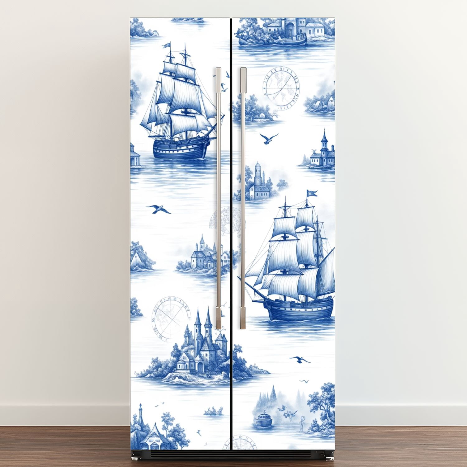 Self Adhesive Vinyl Refrigerator Wrap Set Vintage Nautical Sailing Ships Coastal Scenes Blue White Door Mural Removable Fridge Sticker Peel and Stick&nbsp;Full Door Cover Decal Kitchen Bar Decor