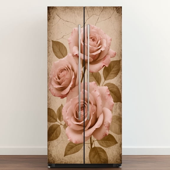Self Adhesive Vinyl Refrigerator Wrap Set Vintage Pink Roses Rustic Door Mural Removable Fridge Sticker Peel and Stick&nbsp;Full Door Cover Decal Kitchen Bar Decor