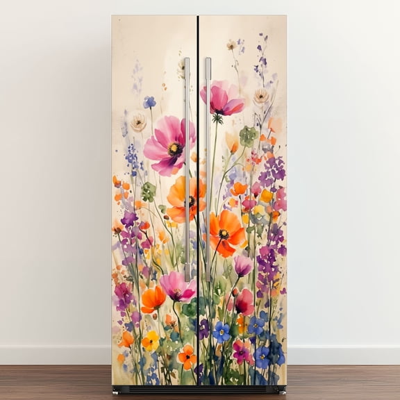 Self Adhesive Vinyl Refrigerator Wrap Set Vintage Purple Pink Yellow Flowers Wildflowers Green Stems Door Mural Removable Fridge Sticker Peel and Stick&nbsp;Full Door Cover Decal Kitchen Bar Decor