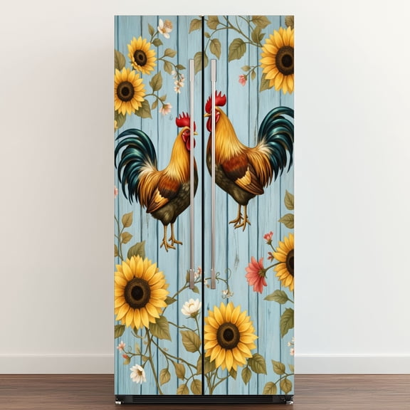 Self Adhesive Vinyl Refrigerator Wrap Set Vintage Rooster Sunflower Floral Accents Blue Door Mural Removable Fridge Sticker Peel and Stick Full Door Cover Decal Kitchen Bar Decor